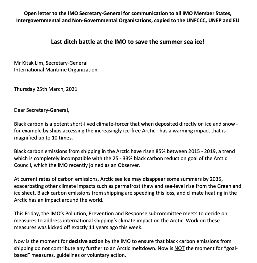 Letter to IMO Sec General: Last ditch battle at the IMO to save the summer sea ice!
