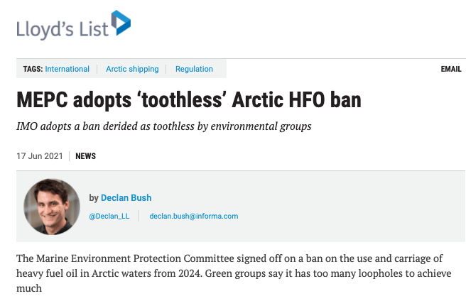 Lloyds List: MEPC adopts ‘toothless’ Arctic HFO ban