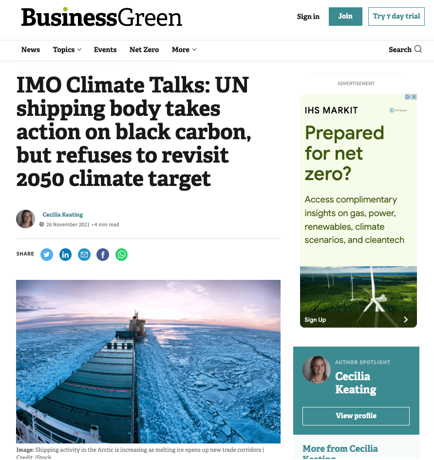Business Green: IMO Climate Talks: UN shipping body takes action on black carbon, but refuses to revisit 2050 climate target
