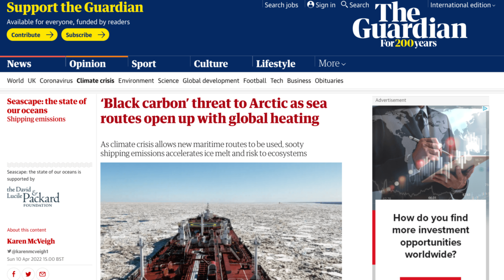 The Guardian: ‘Black carbon’ threat to Arctic as sea routes open up with global heating