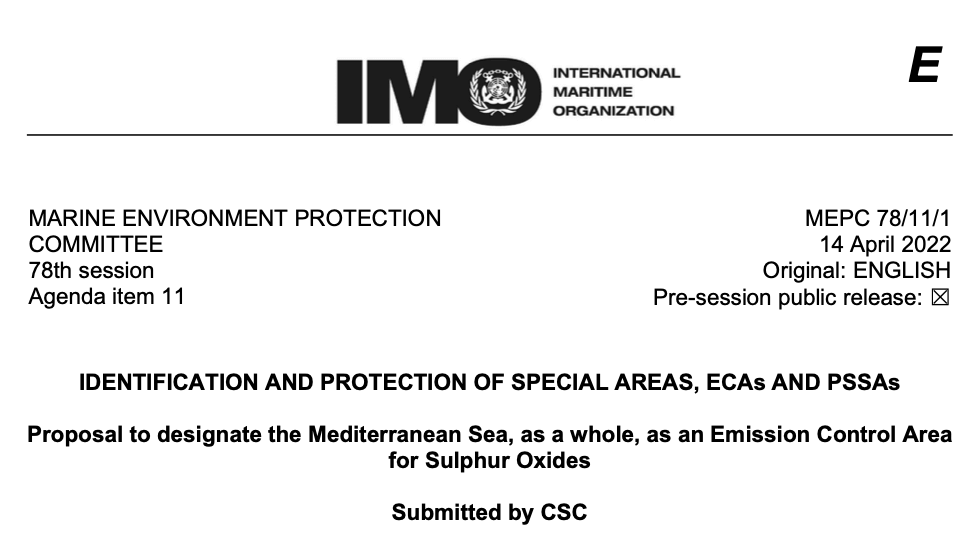 MEPC 78/11/1 – Proposal to designate the Mediterranean Sea, as a whole, as an Emission Control Area for Sulphur Oxides