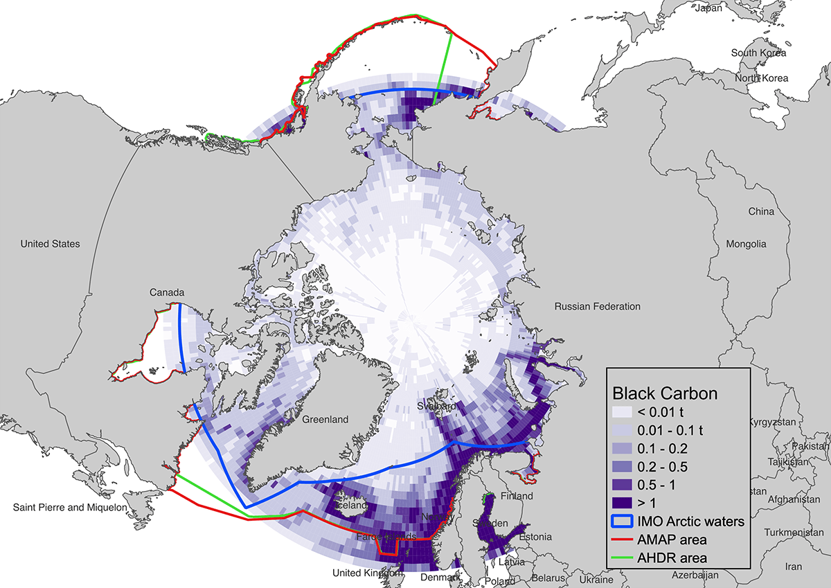Map showing black carbon emissions from ships north of 58.95oN. Courtesy of the International Council on Clean Transportation, 2023.