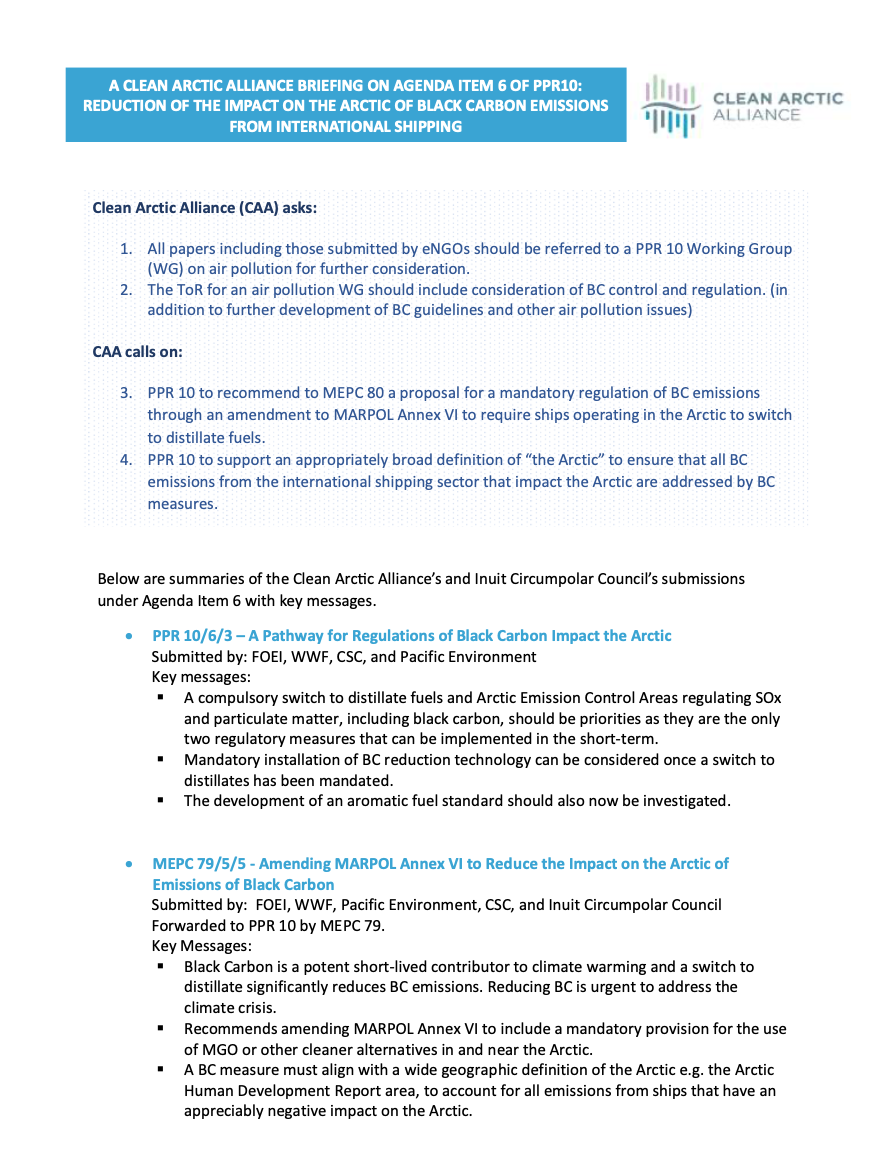 Clean Arctic Alliance Briefing on Agenda Item 6 of PPR10: Reduction of the impact on the Arctic of Black Carbon Emissions from International Shipping