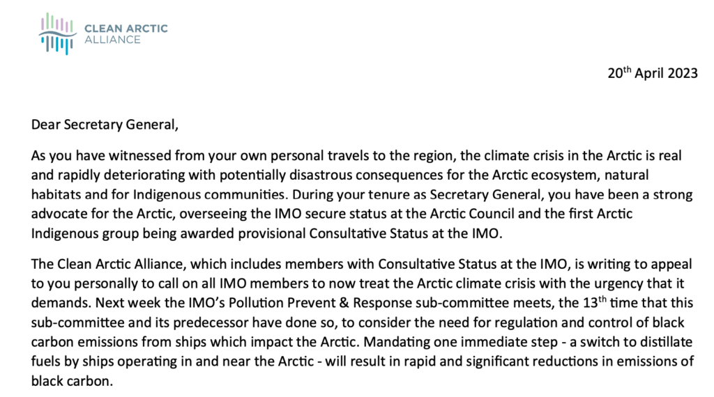 Clean Arctic Alliance Open Letter to IMO Secretary General Lim, 20 April 2023