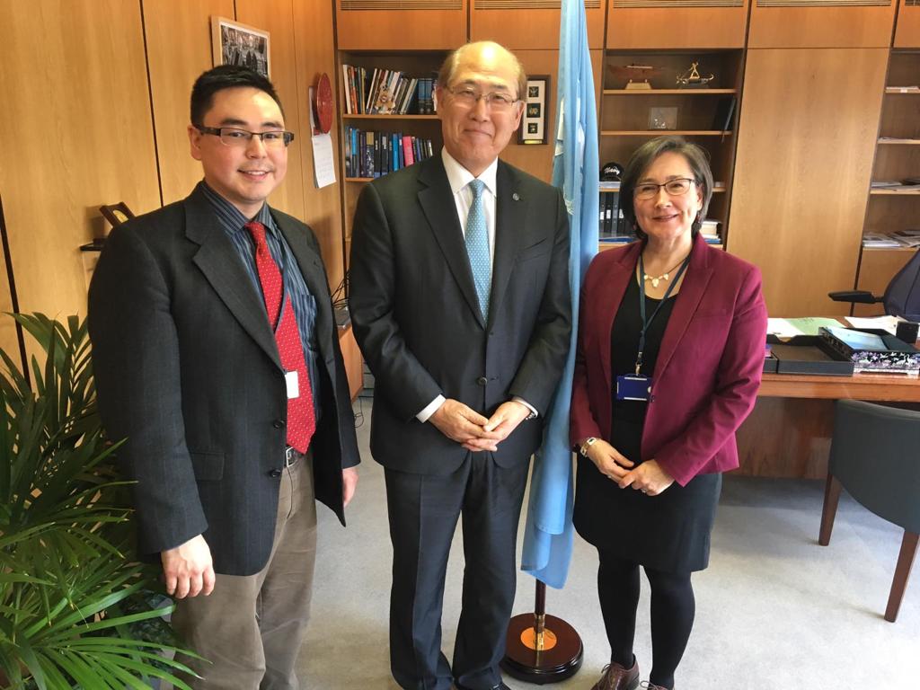 Verner Wilson III (Left) at the International Maritime Organization in London with IMO Secretary General Kitack Lim (Centre) and Lisa Koperqualuk, President of the Inuit Circumpolar Council, Canada.