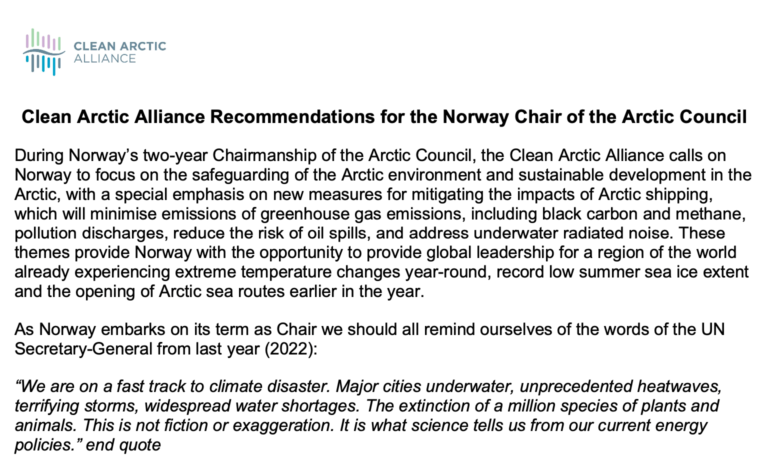 Clean Arctic Alliance Recommendations for the Norway Chair of the Arctic Council