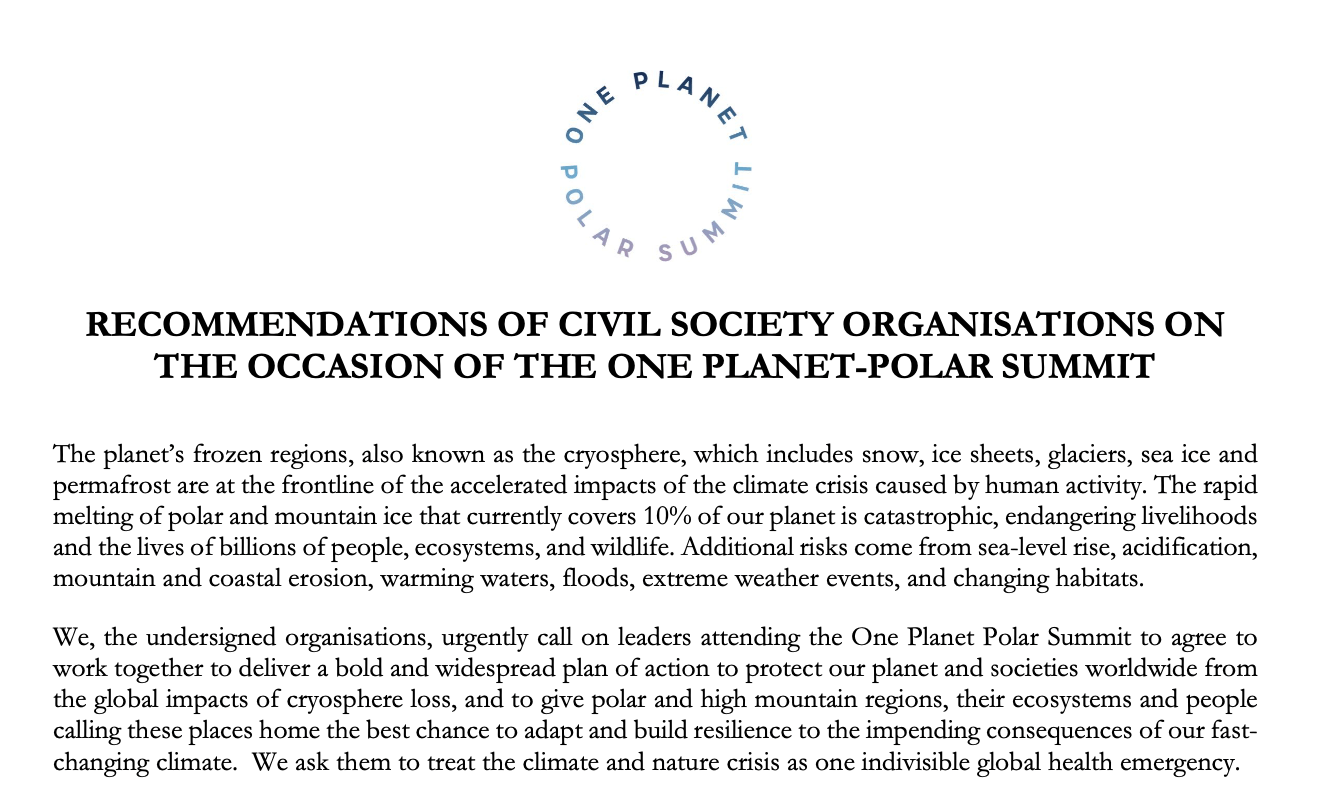 Recommendations of civil society organisations on the occasion of the One Planet Polar Summit