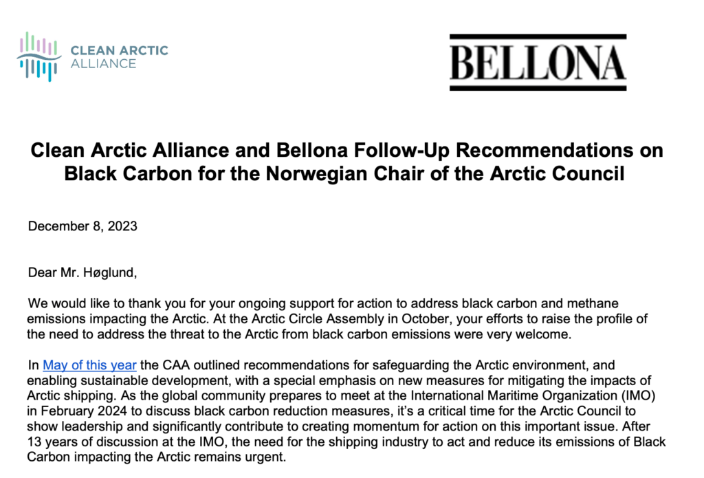 Clean Arctic Alliance and Bellona Follow-Up Recommendations on Black Carbon for the Norwegian Chair of the Arctic Council