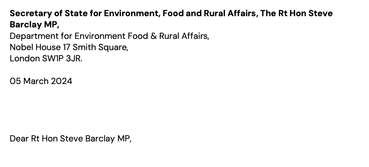 Joint eNGO letter to Secretary of State for Environment, Food and Rural Affairs the Rt Hon Steve Barclay MP 050324