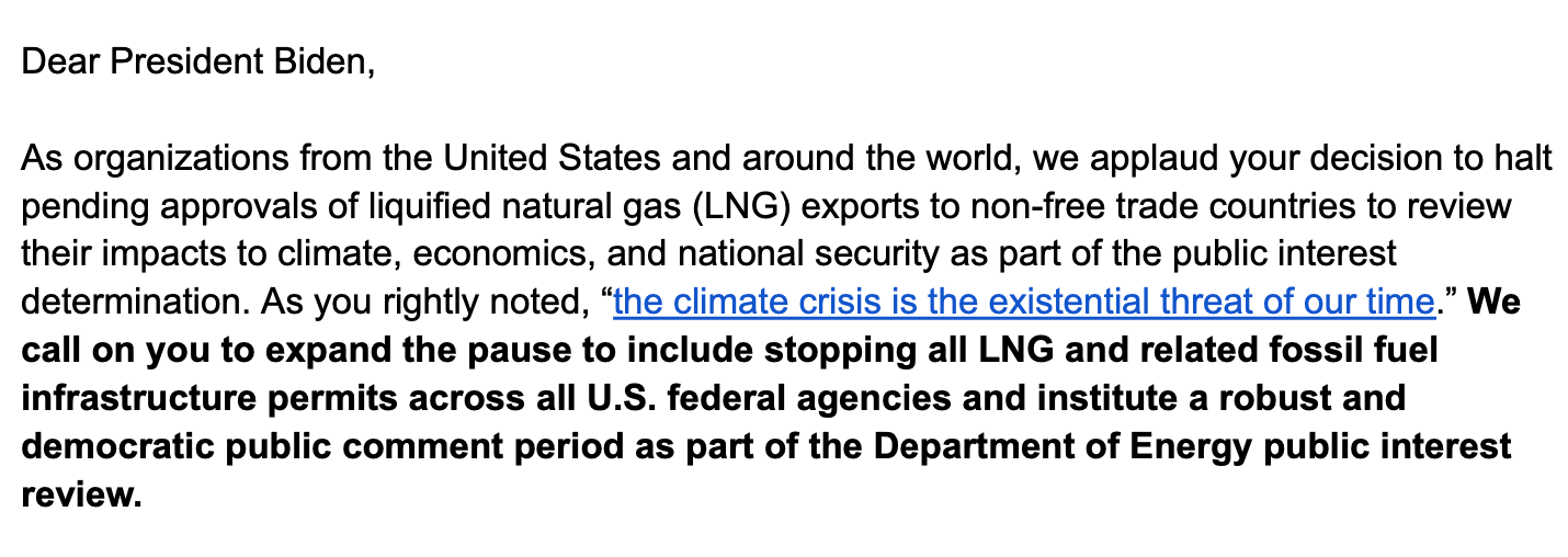 Letter to President Biden urging him to take further steps to stop the deadly expansion of US LNG
