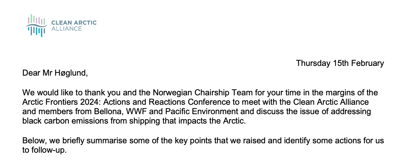 Followup letter to the Norway Chair of the Arctic Council, 15 February 2024