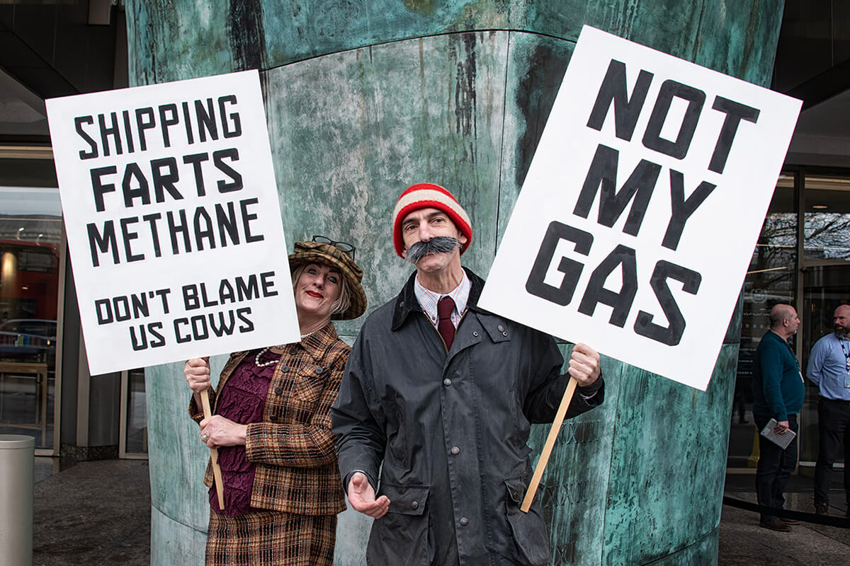 Activists calling out LNG use by shipping at the International Maritime Organization, London. Photo: Guy Reece