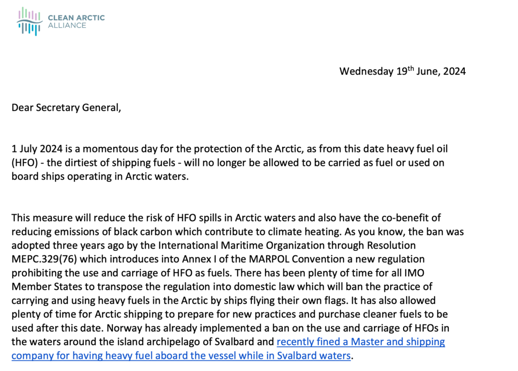 Letter to IMO Secretary General re Heavy Fuel Oil Ban in the Arctic