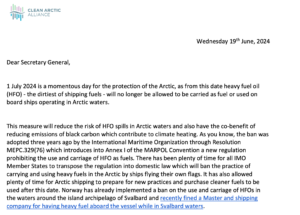 Letter to IMO Secretary General re Heavy Fuel Oil Ban in the Arctic