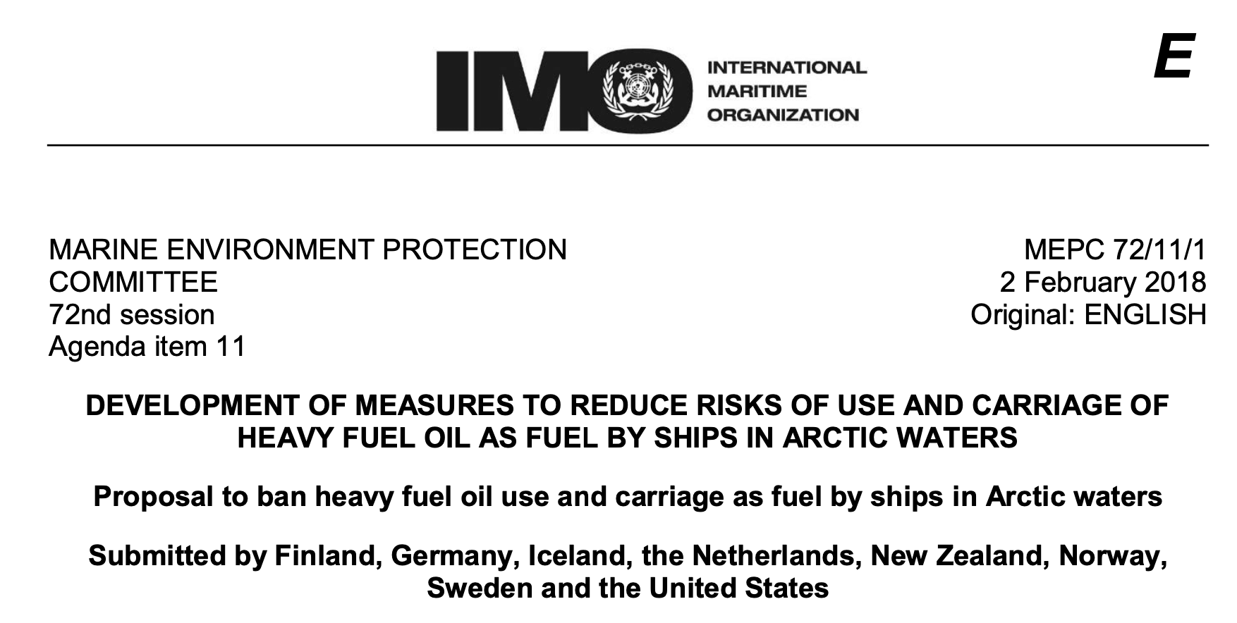 MEPC72/11/1: Proposal to Ban Heavy Fuel Oil Use and Carriage as Fuel by Ships in Arctic Waters