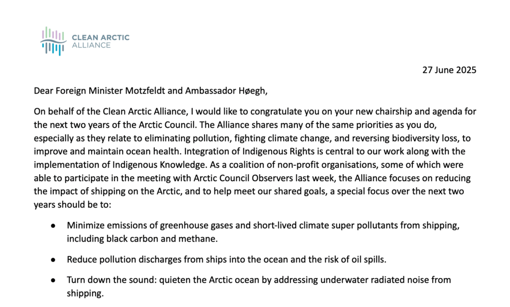 Clean Arctic Alliance Letter to Kingdom of Denmark Foreign Minister Motzfeldt and Senior Arctic Official Høegh